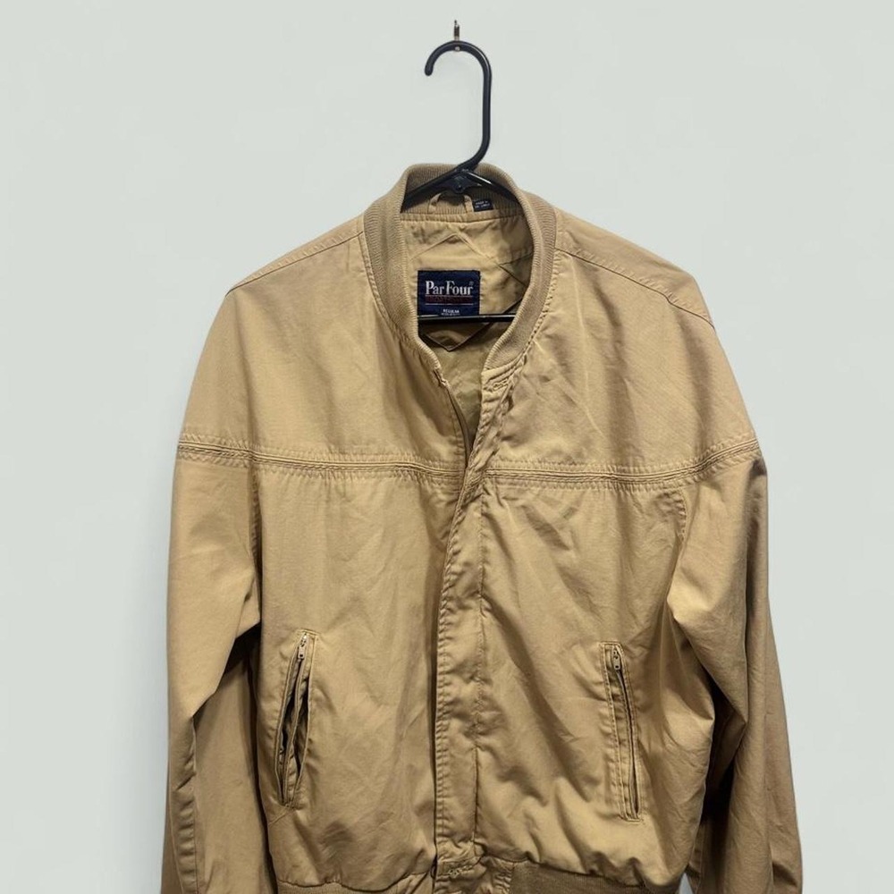 Par Four Tan Bomber Jacket Mens Medium Khaki Retro Grandpa Golf Zip Up